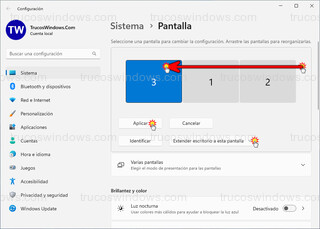 Windows 11 - Ampliar o extender 3 o más pantallas > Mover pantalla 3