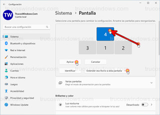 Windows 11 - Ampliar o extender 3 o más pantallas > Mover pantalla 4