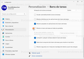 Personalización > Barra de tareas - Mostrar la barra de tareas en todas las pantallas