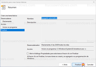 Programador de tareas - Resumen de tarea de apagado automático